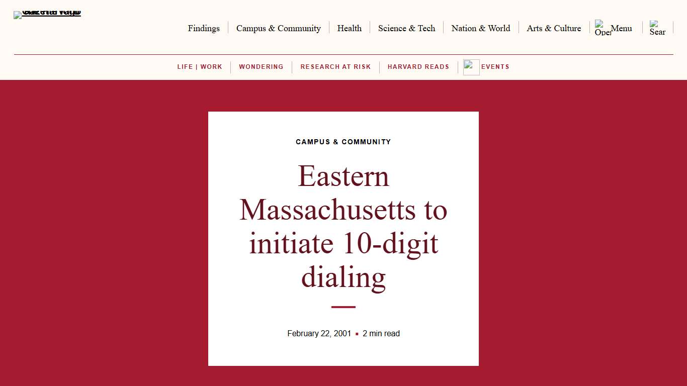 Eastern Massachusetts to initiate 10-digit dialing — Harvard Gazette
