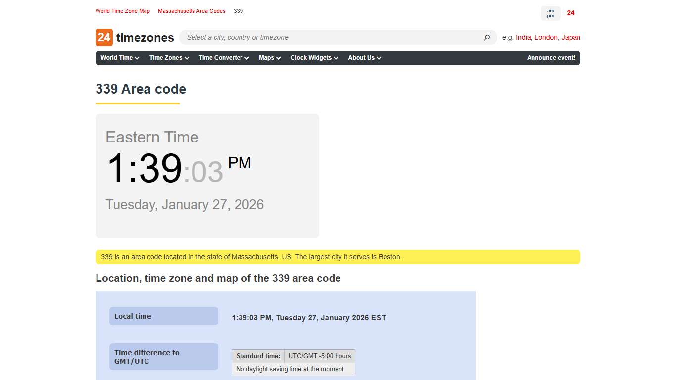 339 area code — information, time zone, map