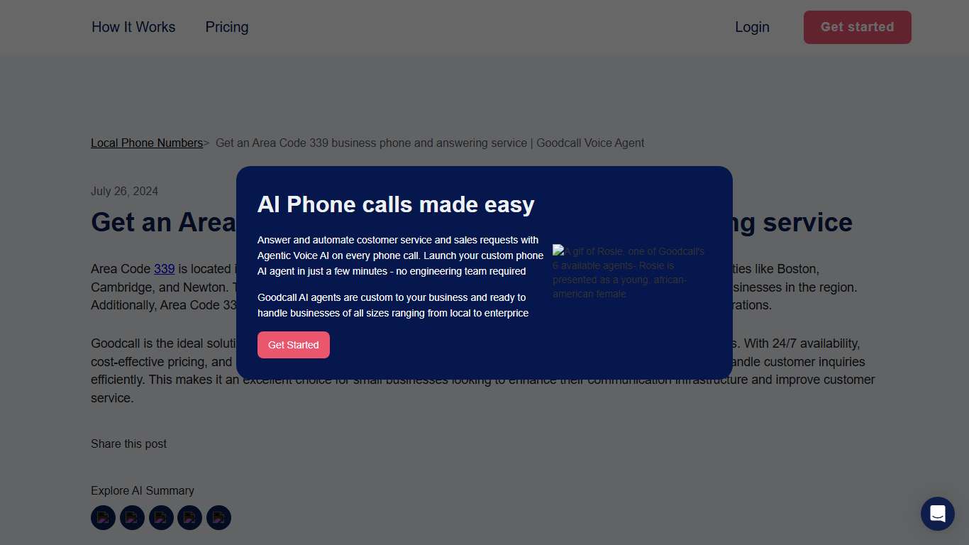 Get an Area Code 339 business phone and answering service Goodcall Voice Agent